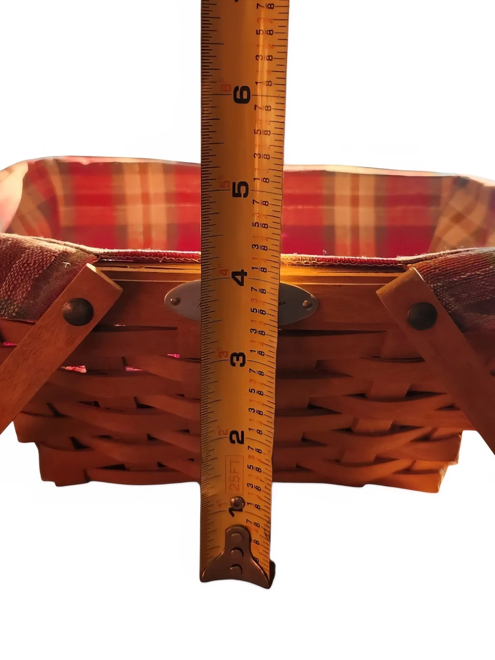 Longaberger Brown Woven Basket with Red Plaid Liner